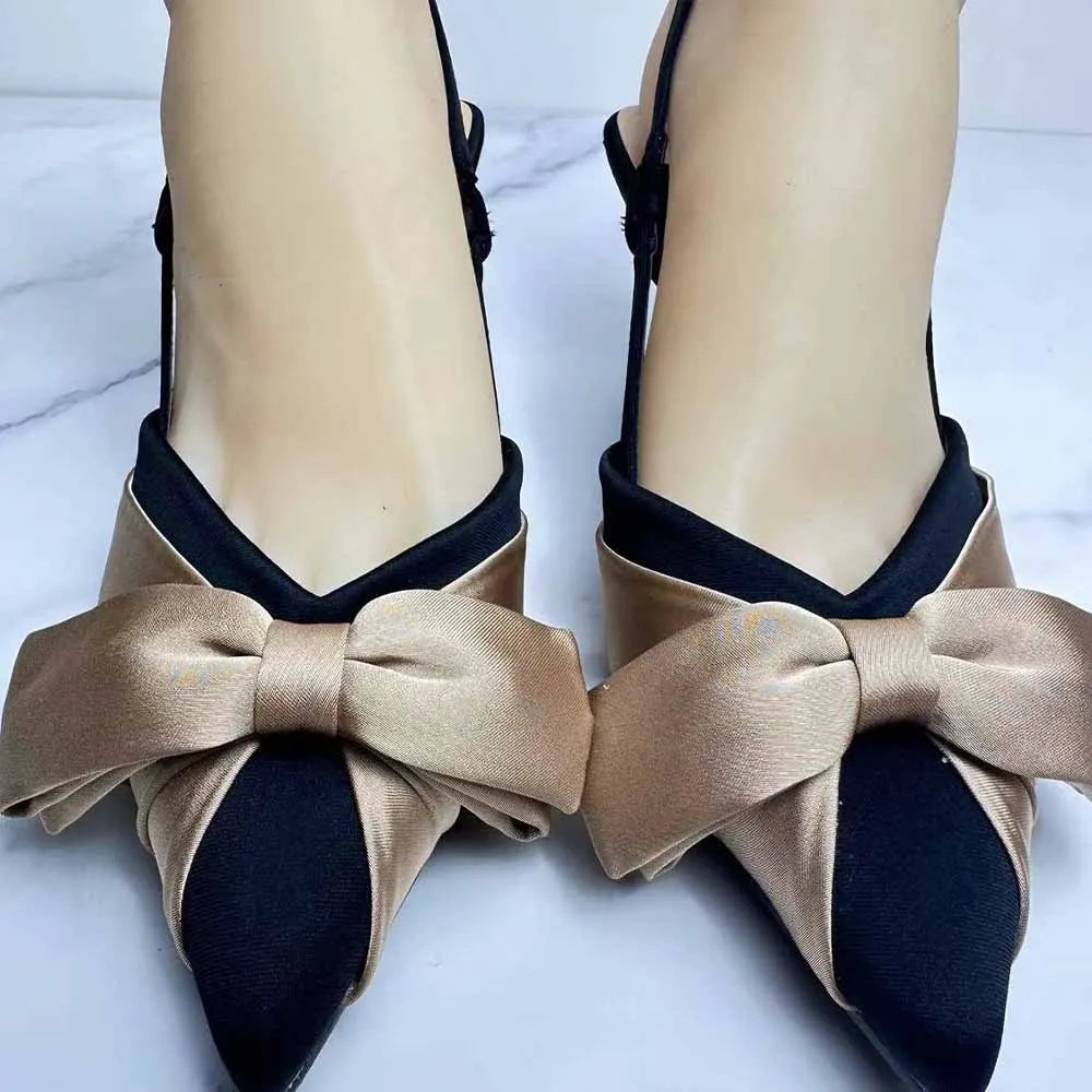 New 2024 Women's Shoes and High Heels Joker Pointy Color Matching Bow Decorated With Satin Stiletto Sandals.