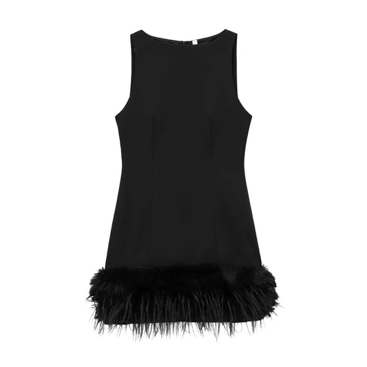 Women's new fashion feather decoration slim versatile O-Neck mini dress retro sleeveless back zipper women's dress Mujer