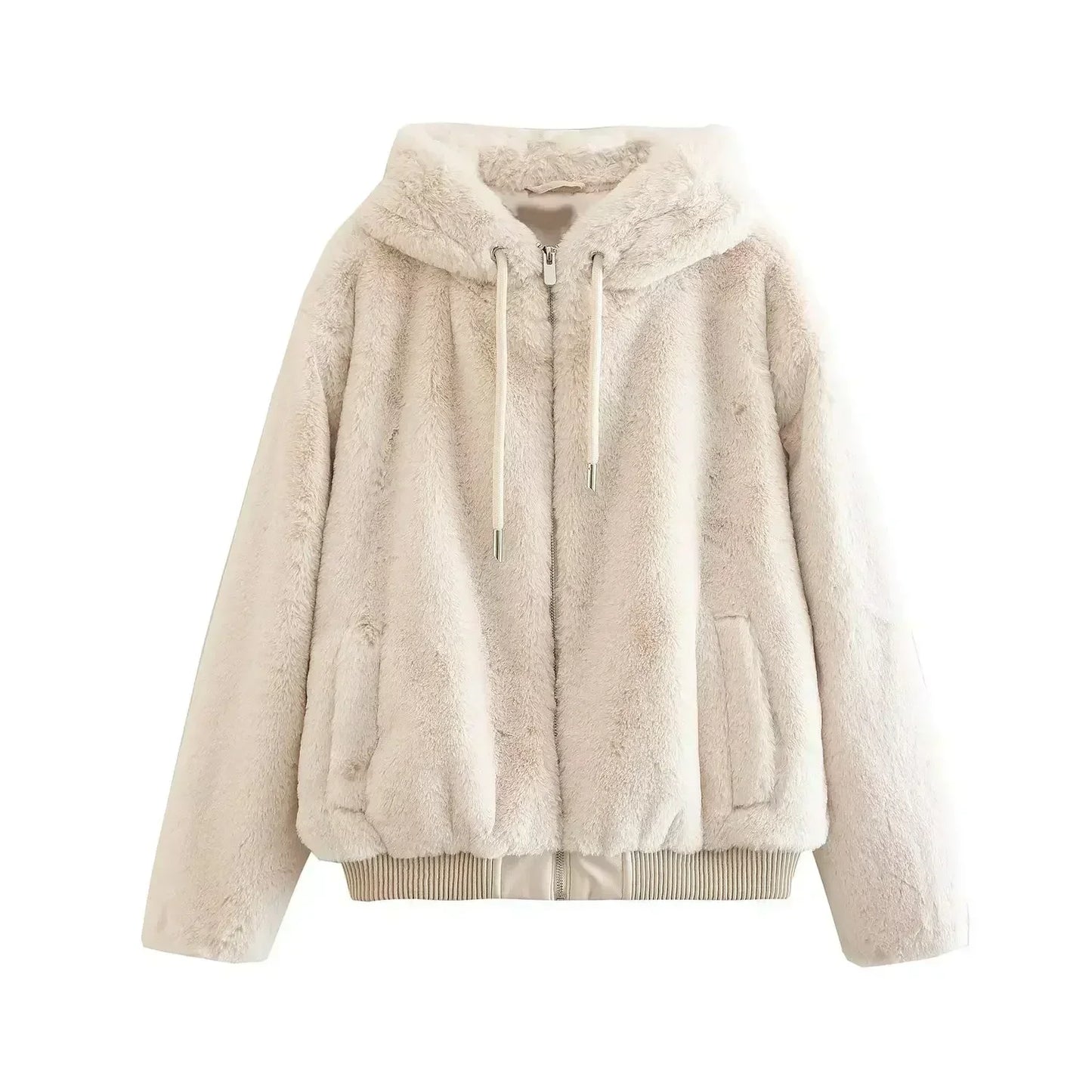 Women 2022 New Fashion Artificial Fur Hooded Jacket Coat Vintage Long Sleeve Zipper Female Outerwear Chic Overshirt