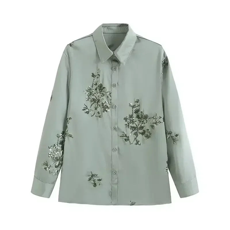 Women's New Fashion Heavy Industry Embroidery Decoration Loose Lapel Shirt Retro Long Sleeve Button Women's Shirt Unique