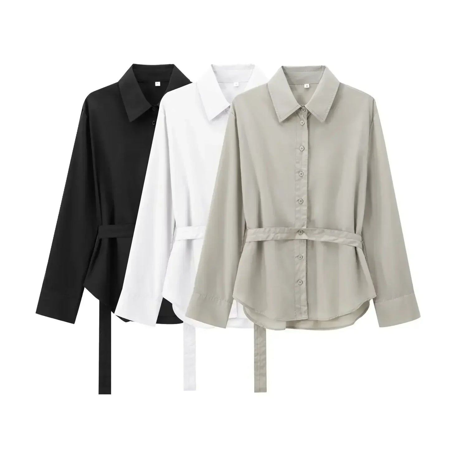 Women's new fashion belt decoration solid color casual single breasted poplin shirt retro long sleeved women's shirt chic top