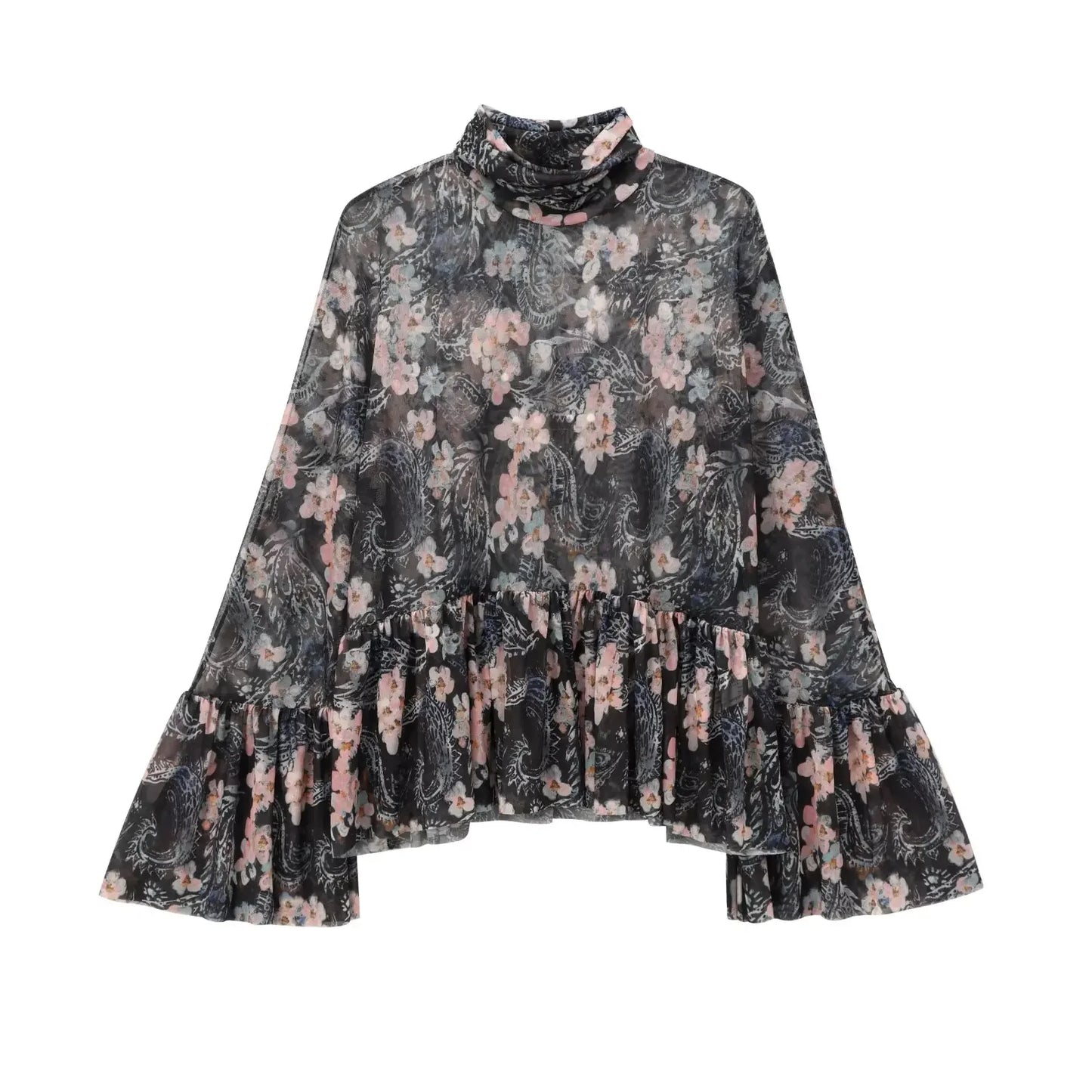 Women's new fashion pleated hem design casual tulle floral print high neck shirt retro long sleeved women's shirt chic top 