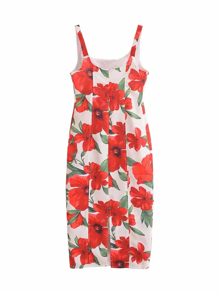 Women's new fashion floral print decoration sexy slim Backless MIDI dress retro sleeveless wide shoulder strap women's dress