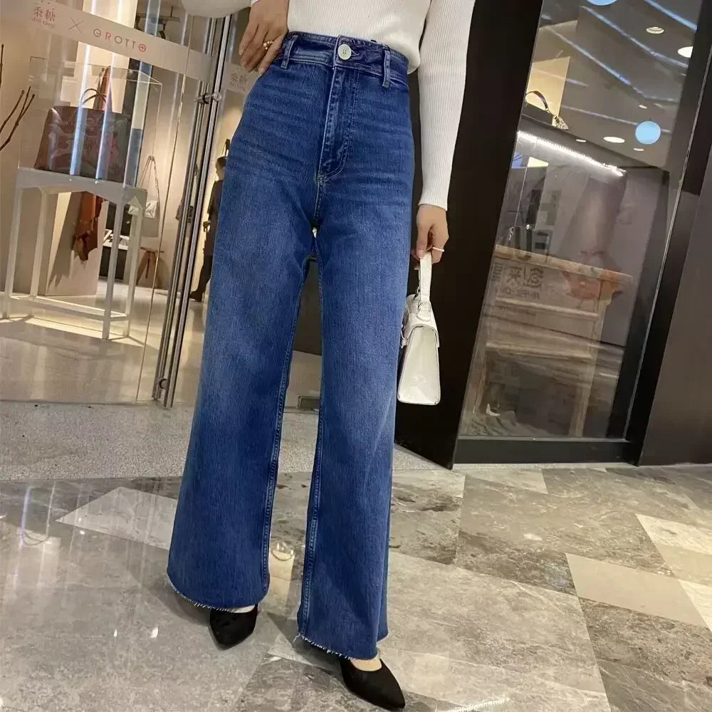 Women's 2024 New Fashion Navy Style Casual Side Pocket Straight leg Jeans Retro High Waist Zipper Women's denim pants Mujer