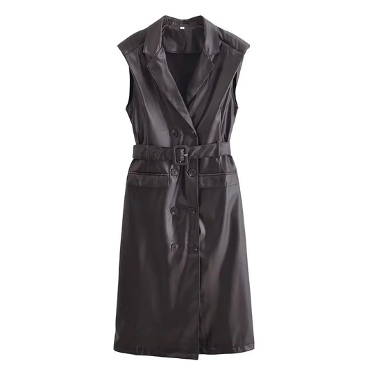 Women's New Fashion With Belt Black Windbreaker Style Double breasted Faux Leather Midi Dress Retro Sleeveless Women's Dress