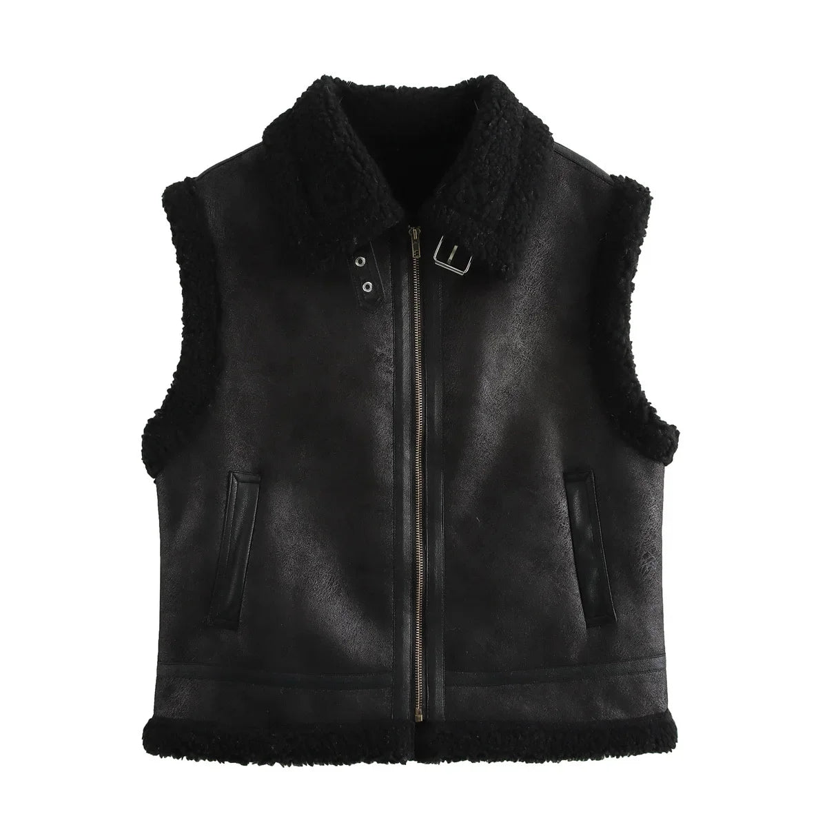 Women's New Fashion Loose Side Pocket Casual Warm Fur Faux Leather Jacket Vest Retro Sleeveless Zipper Women's Vest Chic Top