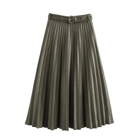 Women's new fashion Belt decoration suede effect casual versatile pleated MIDI skirt retro high waisted zipper women's skirt