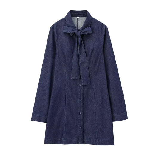 Women's new fashion bow decoration slim casual single breasted Lapel denim mini dress retro long sleeved women's dress Mujer