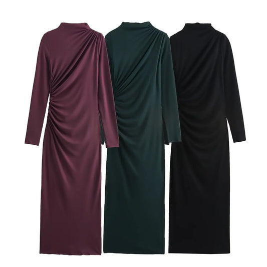 Women's new Fashion pleated decoration slim knitted half high neck MIDI dress retro long sleeved back zipper women's dress