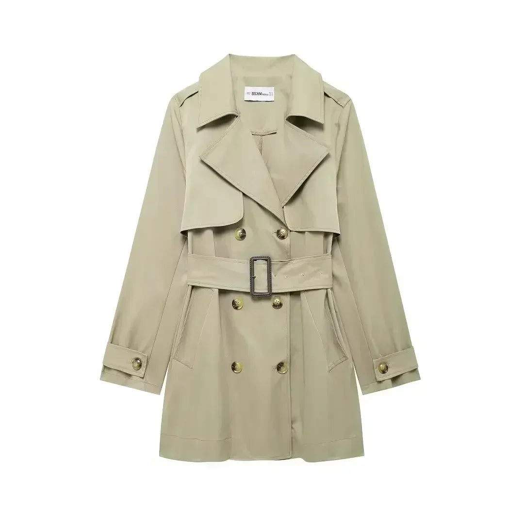 Women's new fashion belt decoration casual double breasted long sleeved trench coat retro side pocket women's coat chic top