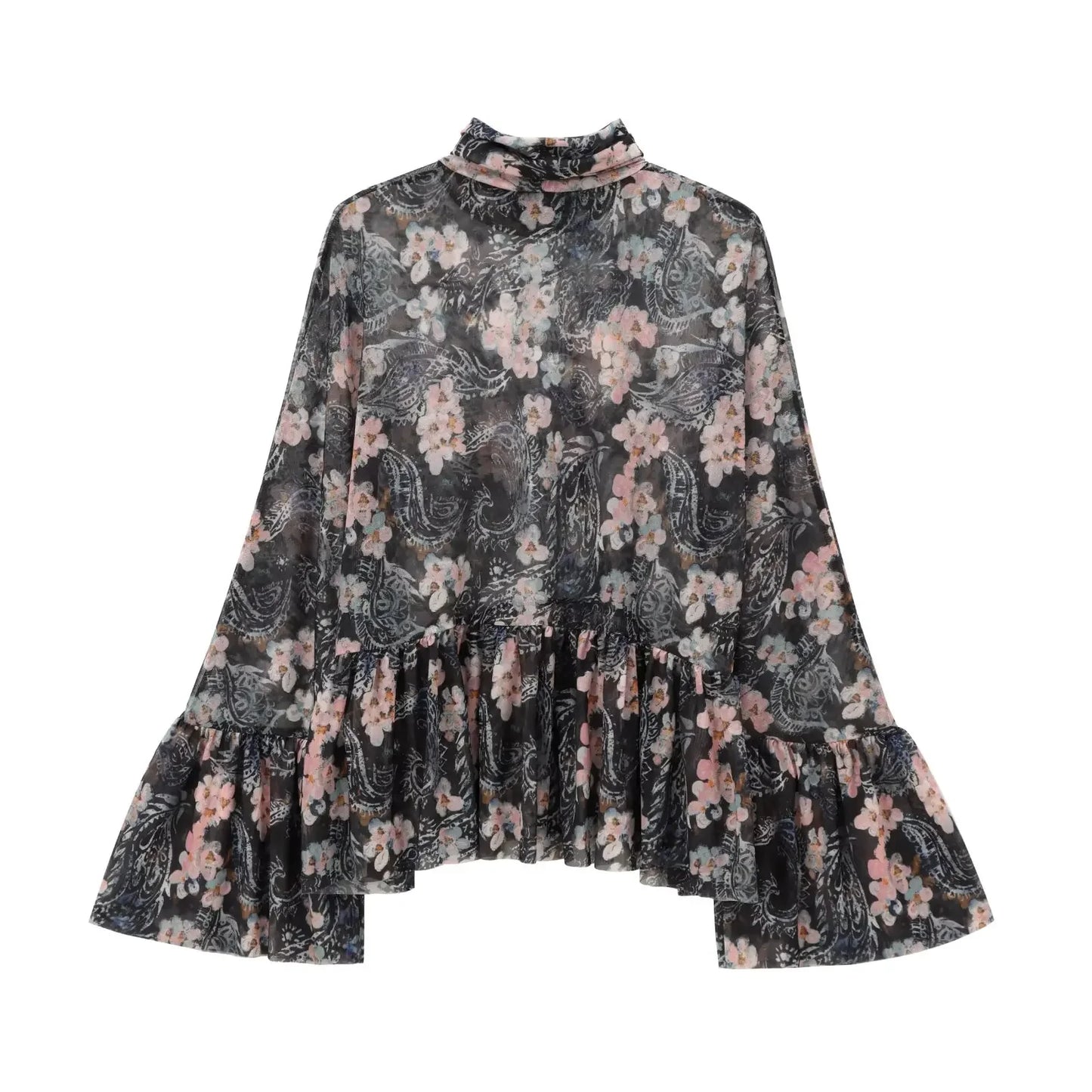 Women's new fashion pleated hem design casual tulle floral print high neck shirt retro long sleeved women's shirt chic top 