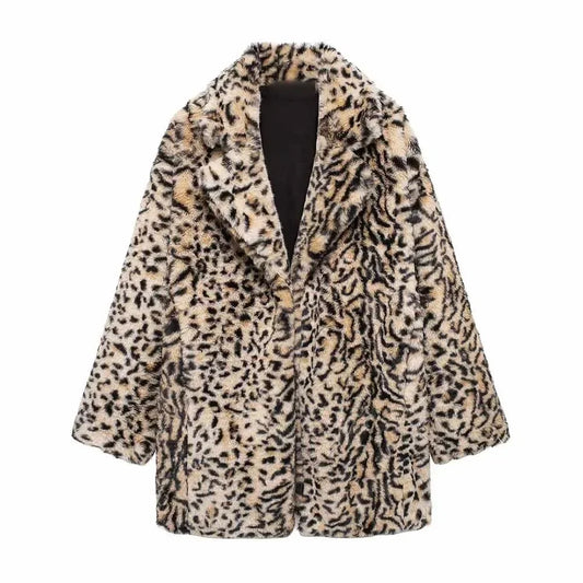 Women's winter new fashion faux fur effect loose warm printed striped lapel coat retro long sleeved pocket women's coat chic top