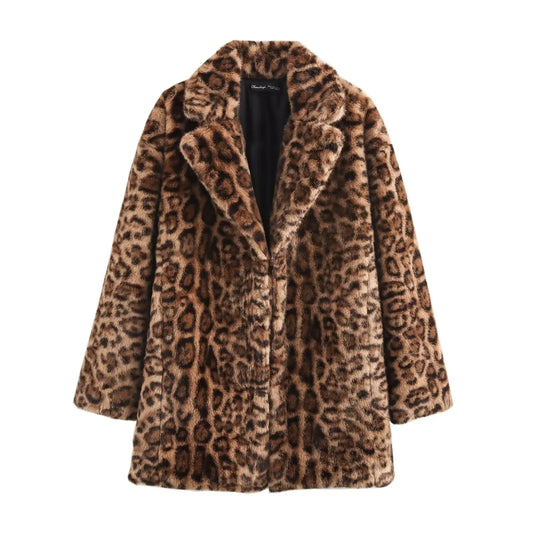 Women's winter Fashion thick warm loose faux fur effect printed Lapel coat retro long sleeved side pocket women's coat chic top