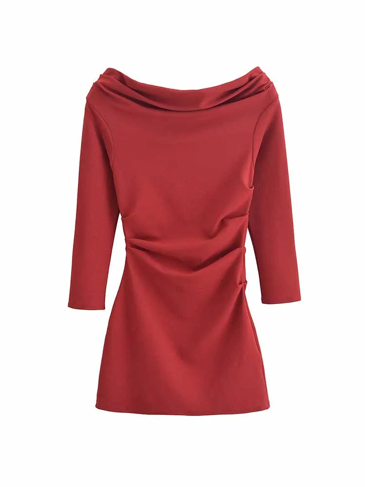 Women's new Fashion pleated decoration sexy slim off shoulder mini dress retro long sleeved women's dress Mujer