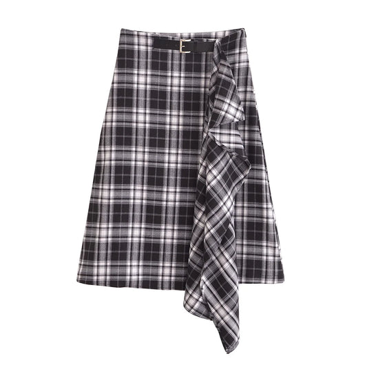 Women's new fashion with belt ribbon decoration loose casual plaid MIDI skirt retro high waisted side zipper women's skirt Mujer