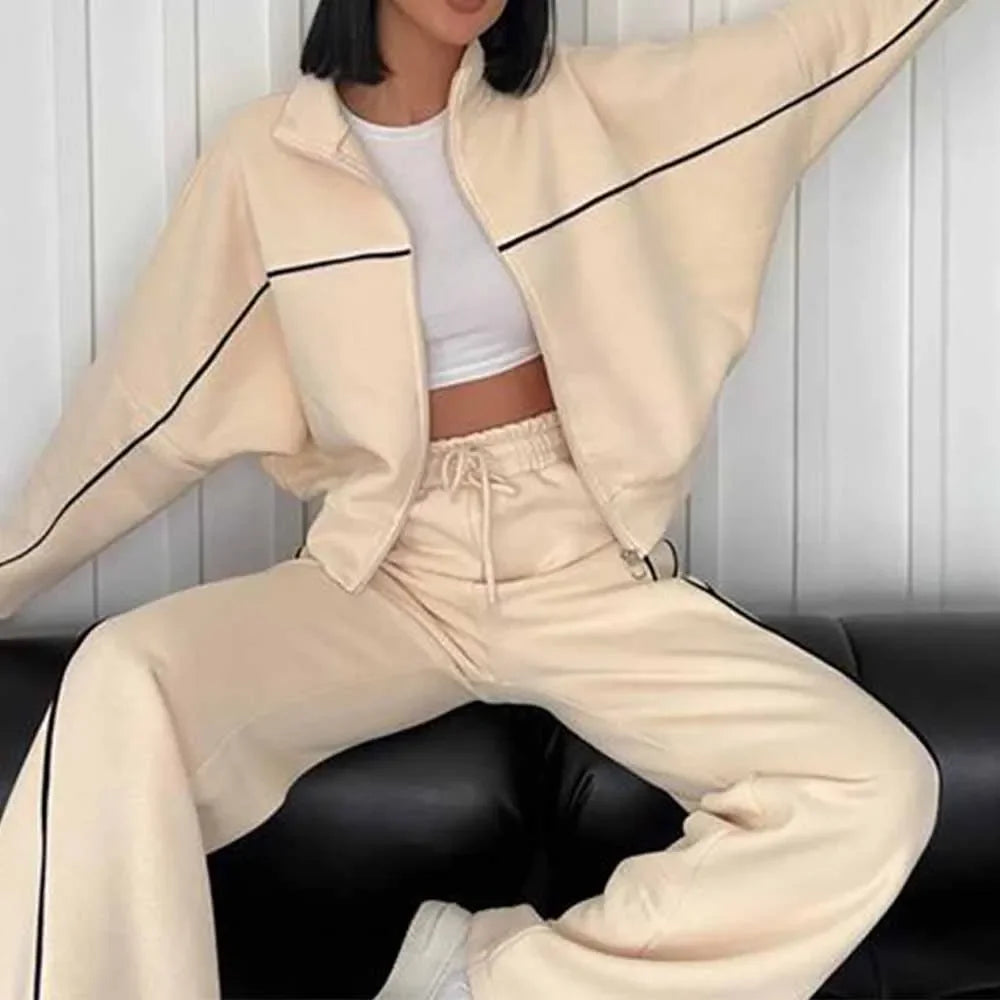 Suit Women's New Leisure Suit Long Sleeve Semi-high Neck Cardigan Sweater Lace-up Striped Trousers 