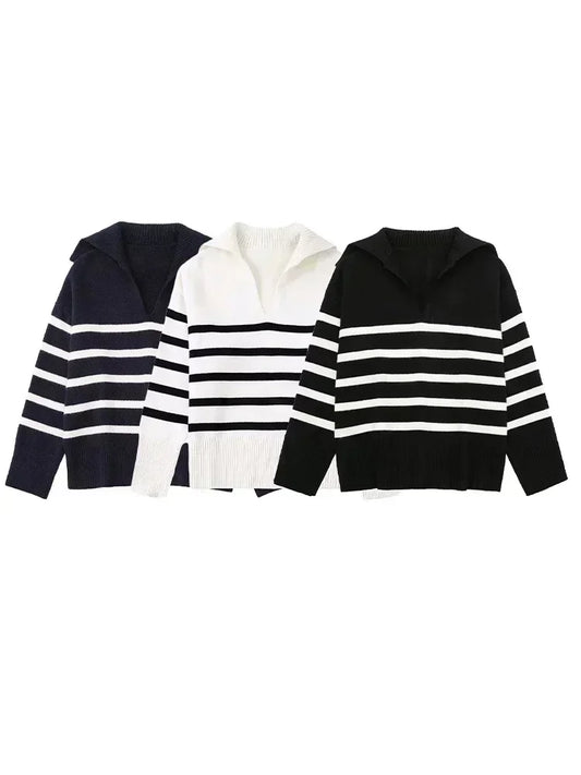 Women 2022 Autumn New Leisure Fashion Striped Knitted Sweater Vintage Lapel Long Sleeve Female Pullovers Chic Tops