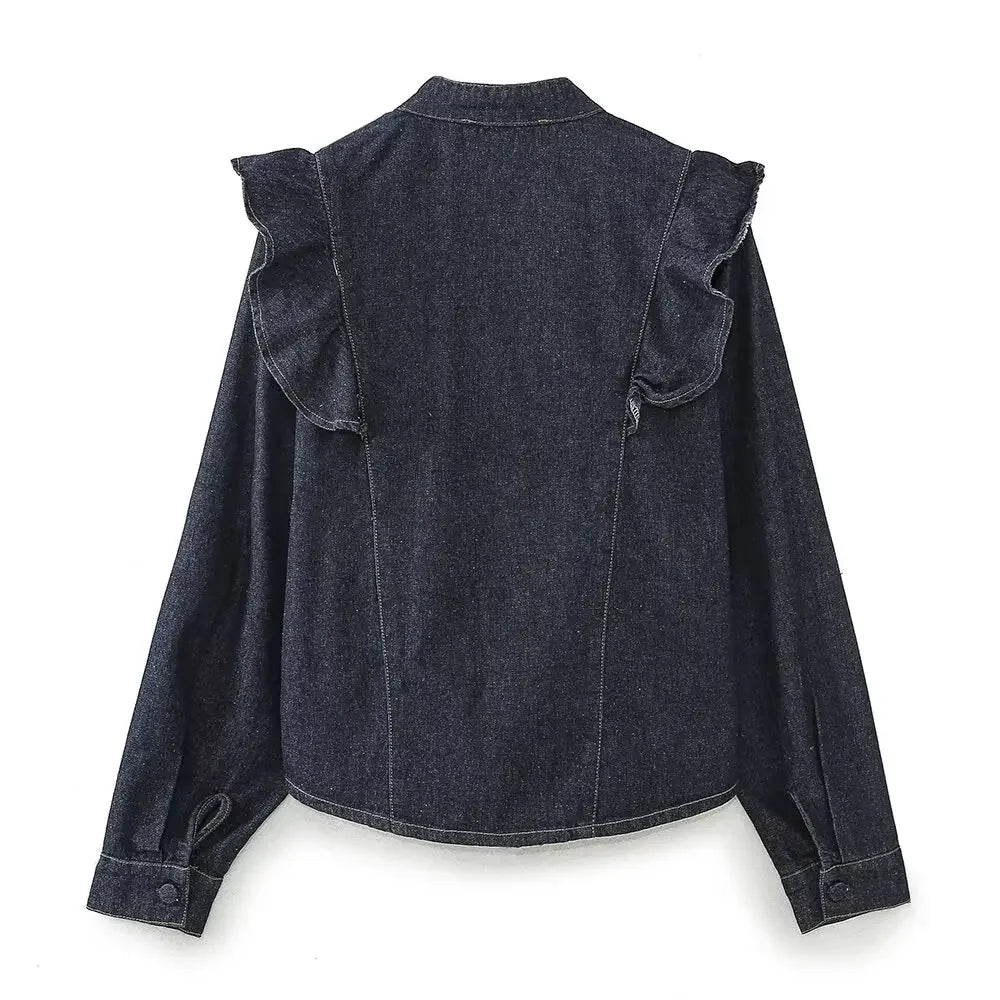 Women's new Fashion layered decoration loose single breasted denim shirt coat retro V Neck long sleeved women's coat chic top