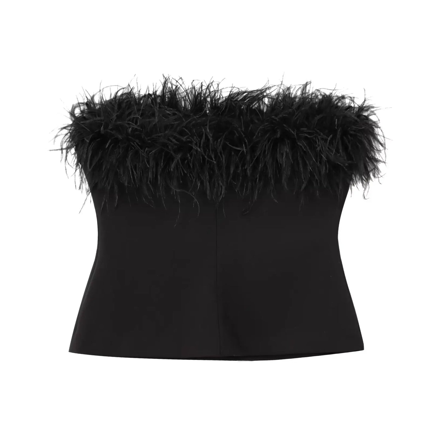 Women's new fashion feather decoration short backless slim strapless top retro sleeveless Side zipper women's pullover chic top