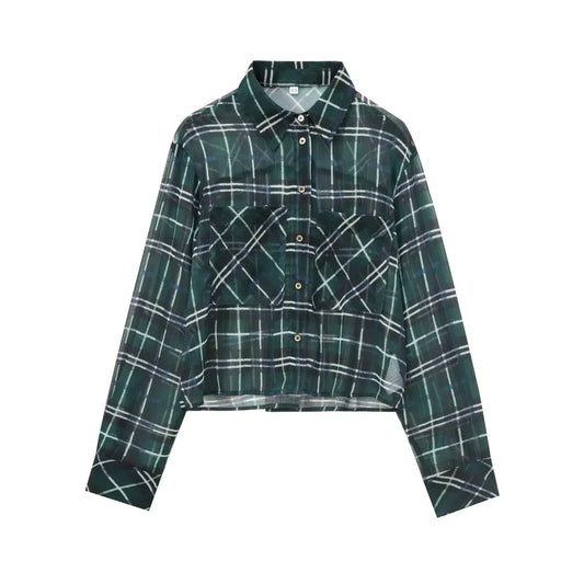 Women's new fashion metal line decoration casual single breasted Plaid shirt retro long sleeved pocket women's shirt chic top