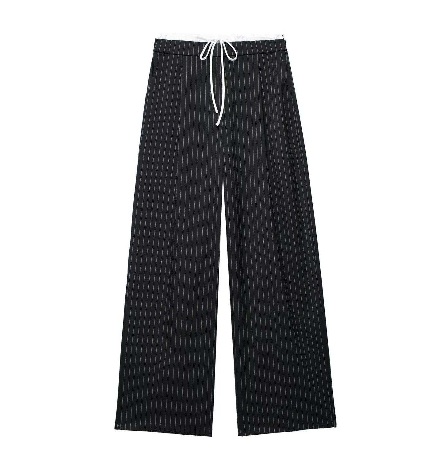 Women's new fashion bow decoration loose side pockets casual versatile striped pleated pants retro side zipper women's pants