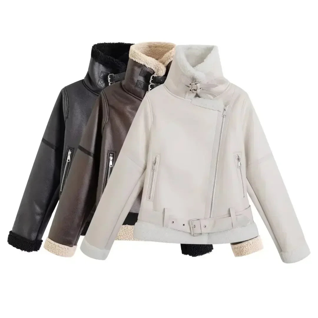 Women's New Fashion With Belt Casual Side Pocket Fur Faux Leather Jacket Coat Retro Long Sleeve Zipper Women's Coat Chic Top