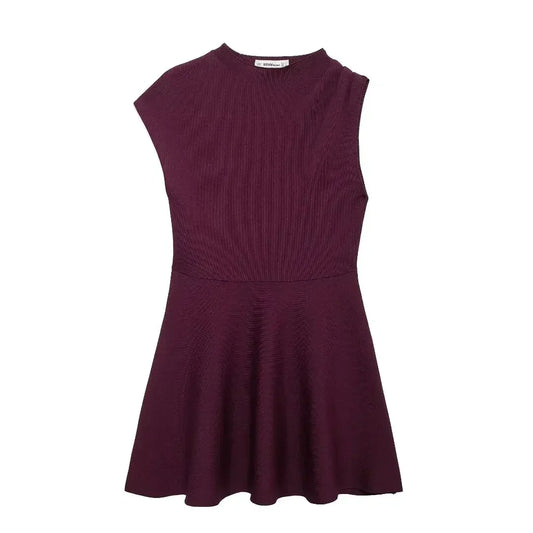 Women's New Fashion Elastic Slim Versatile Stand Collar Knitted Mini Dress Retro One Shoulder Short Sleeve Women's Dress Mujer