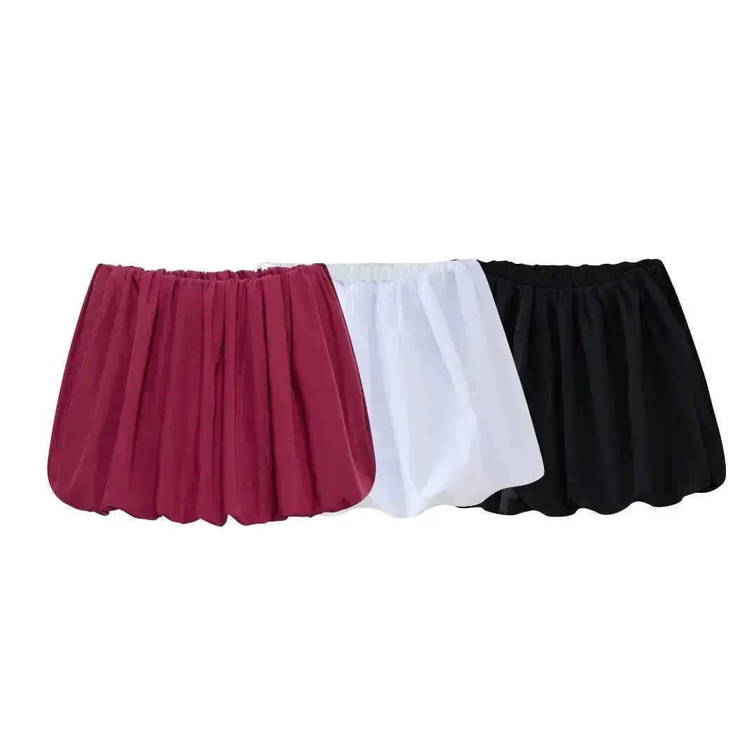 Women's new fashion two-piece style balloon version casual Versatile solid pleated mini skirt retro high waisted women's skirt