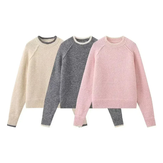 Women's 2024 new fashion multi-color casual contrasting O Neck knitted sweater retro long sleeved women's pullover chic top