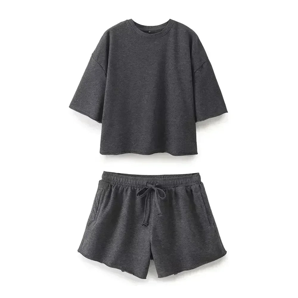 Set women 2 pieces New Fashion basic style Short sleeved ribbed Sweatshirts loose O Neck Tee Shirt Tops+shorts suit