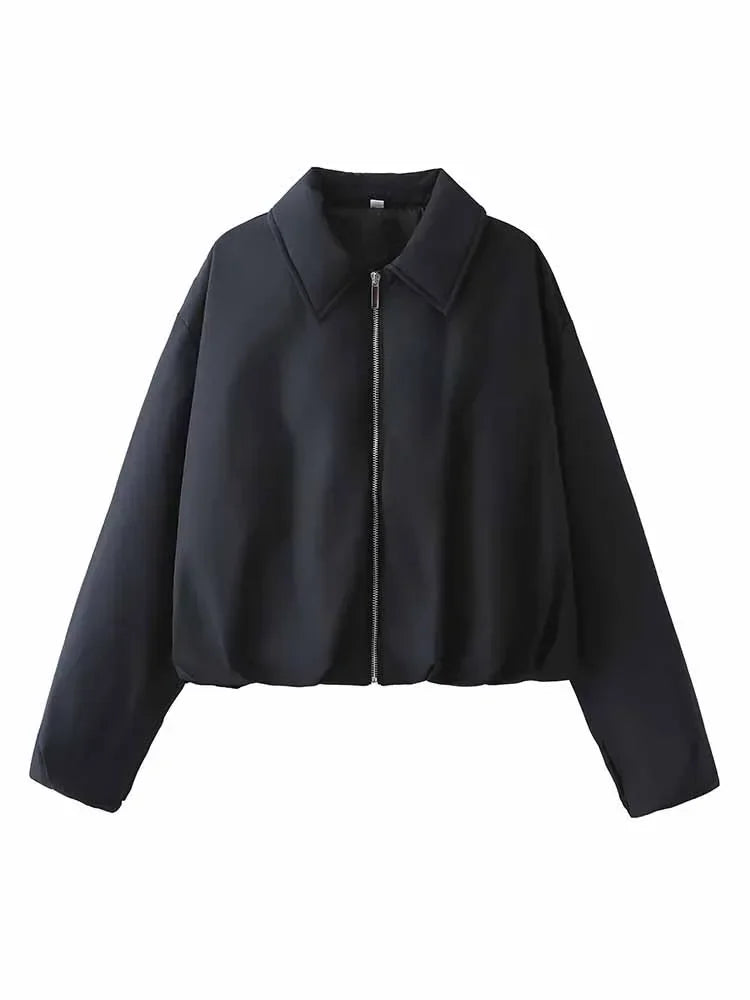 Women's Winter New Fashion Black Casual Short Lapel Cotton jacket Coat Retro Long Sleeve Zipper Women's Coat Chic Top