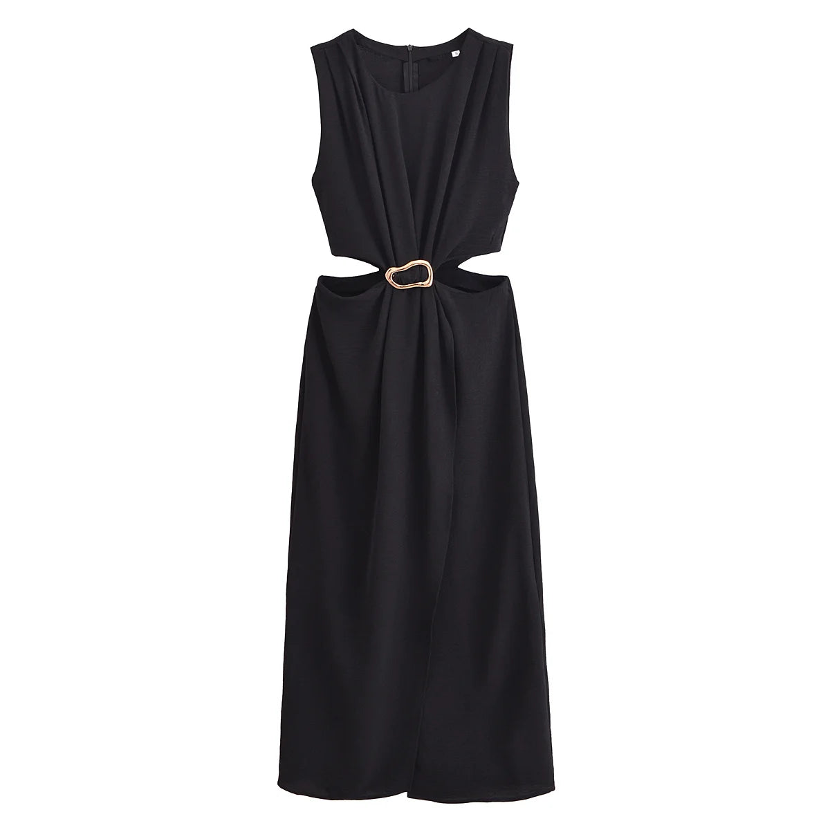 Women's new fashion metal buckle decoration slim pleated hollow Midi dress retro O Neck sleeveless women's dress Mujer 