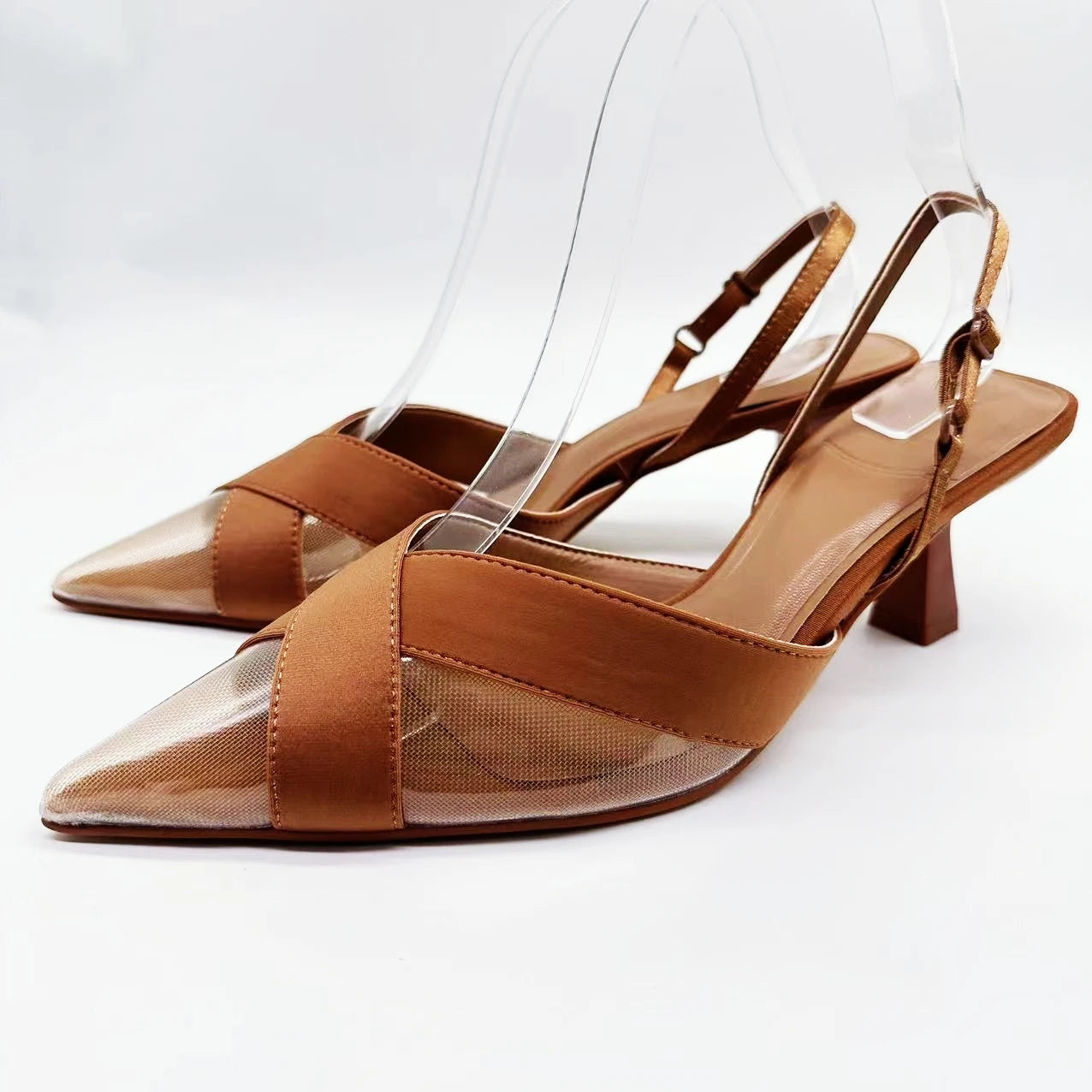 New Pointy Temperament Cross Mesh Stiletto Heels Elastic Back Strap Women's Sandals