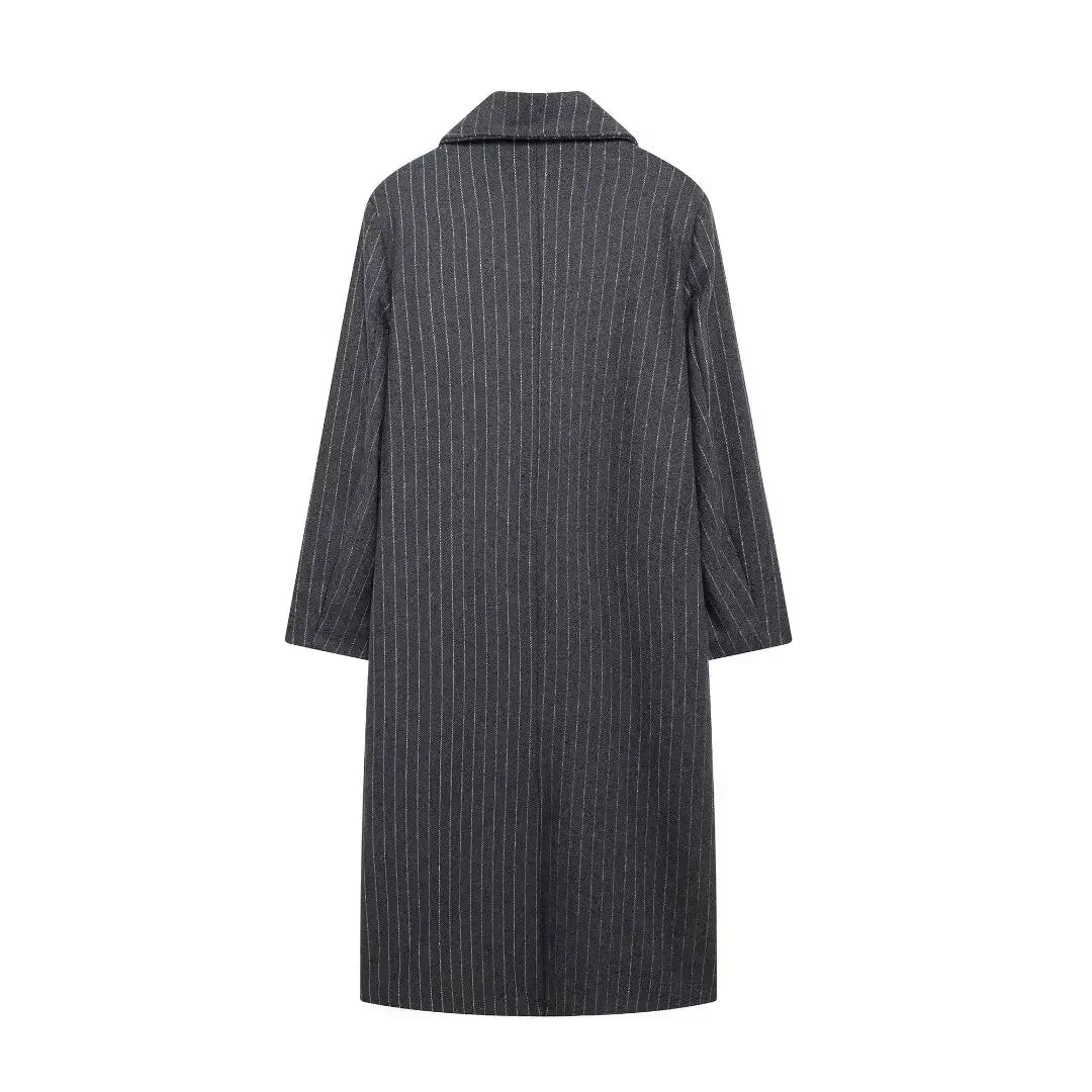 Women's new fashion flap decoration loose double breasted lapel striped woolen coat retro long sleeved women's coat chic top