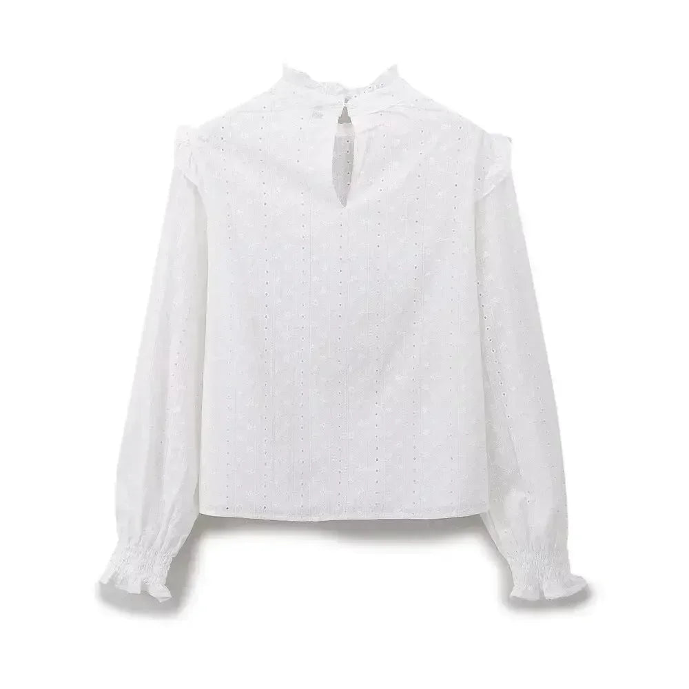 Women's new fashion hollow embroidery decoration casual short white stand collar shirt retro long sleeved women's shirt chic top