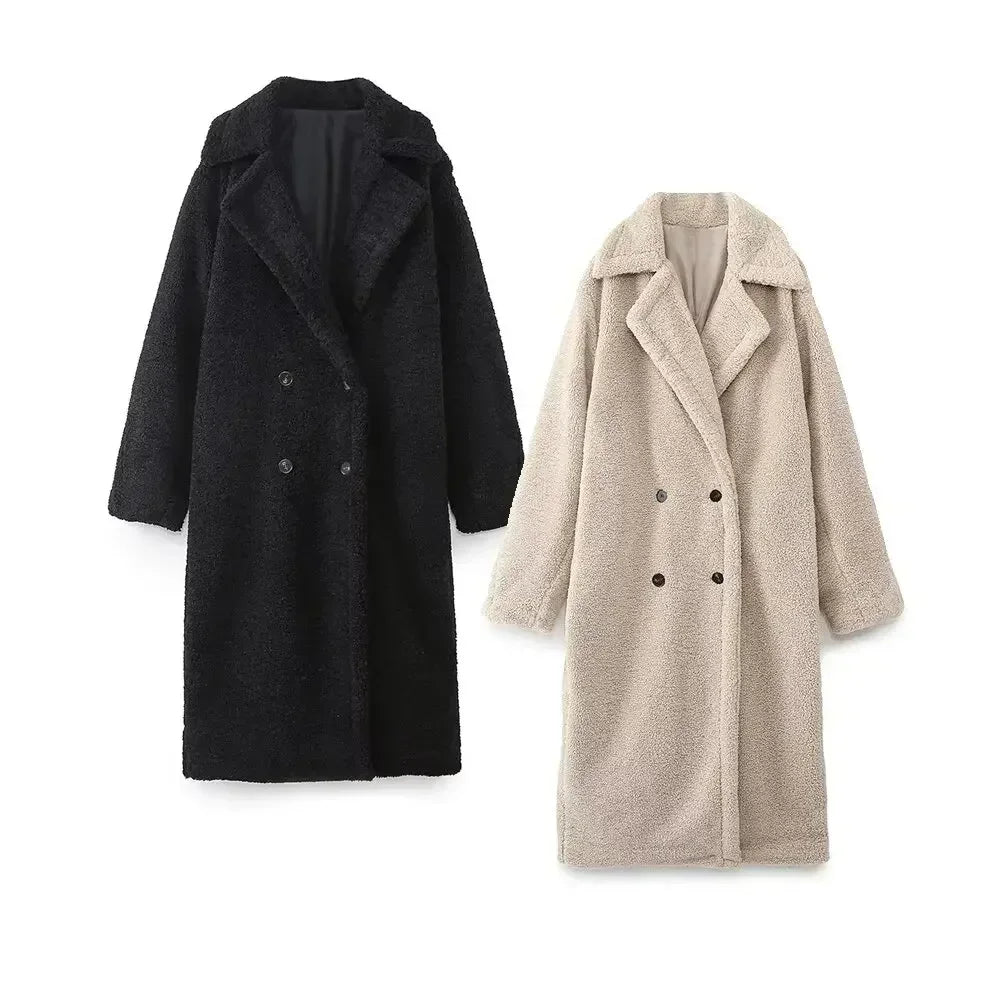 Women's winter new fashion loose double breasted long style thick warm fleece coat retro long sleeved women's coat chic top