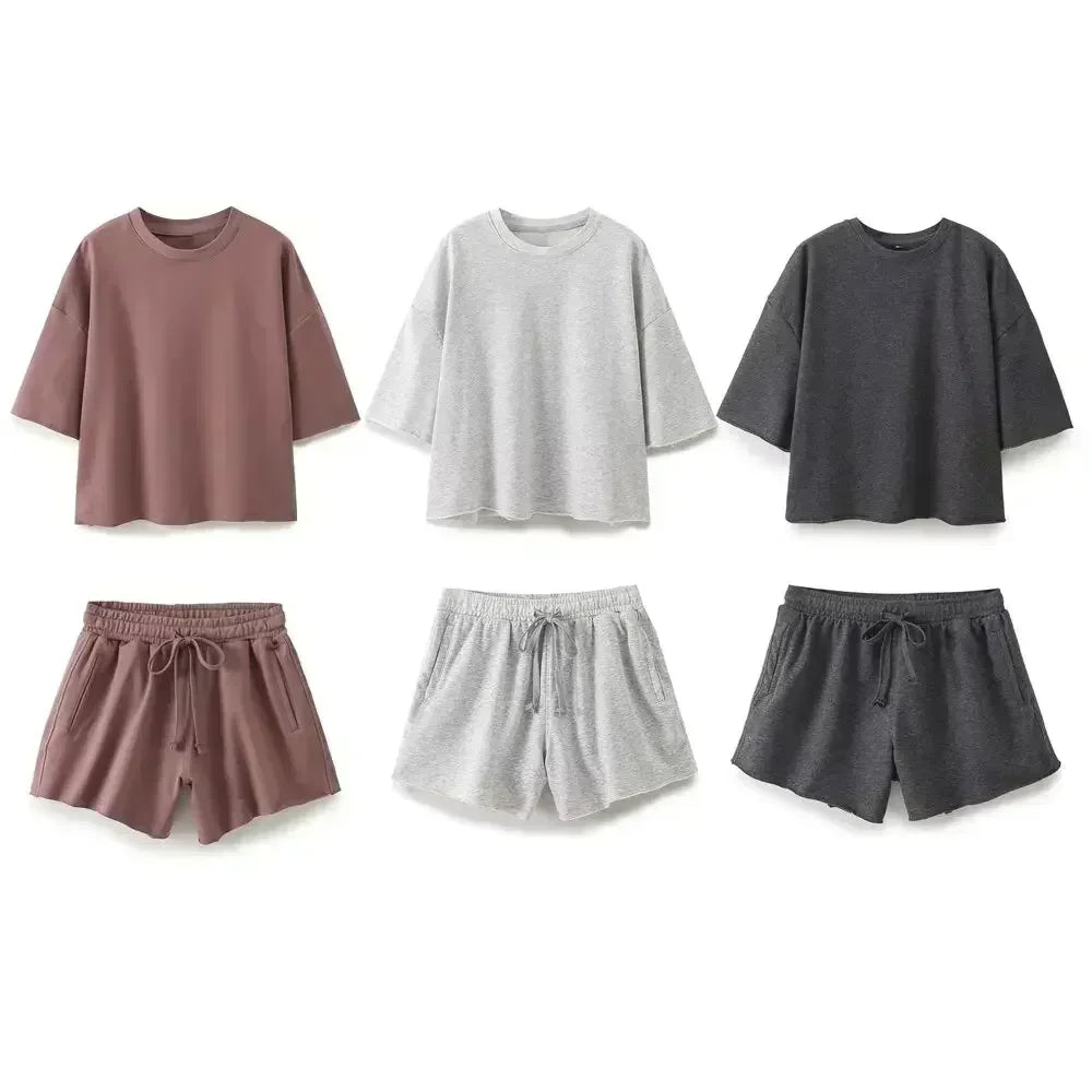 Set women 2 pieces New Fashion basic style Short sleeved ribbed Sweatshirts loose O Neck Tee Shirt Tops+shorts suit