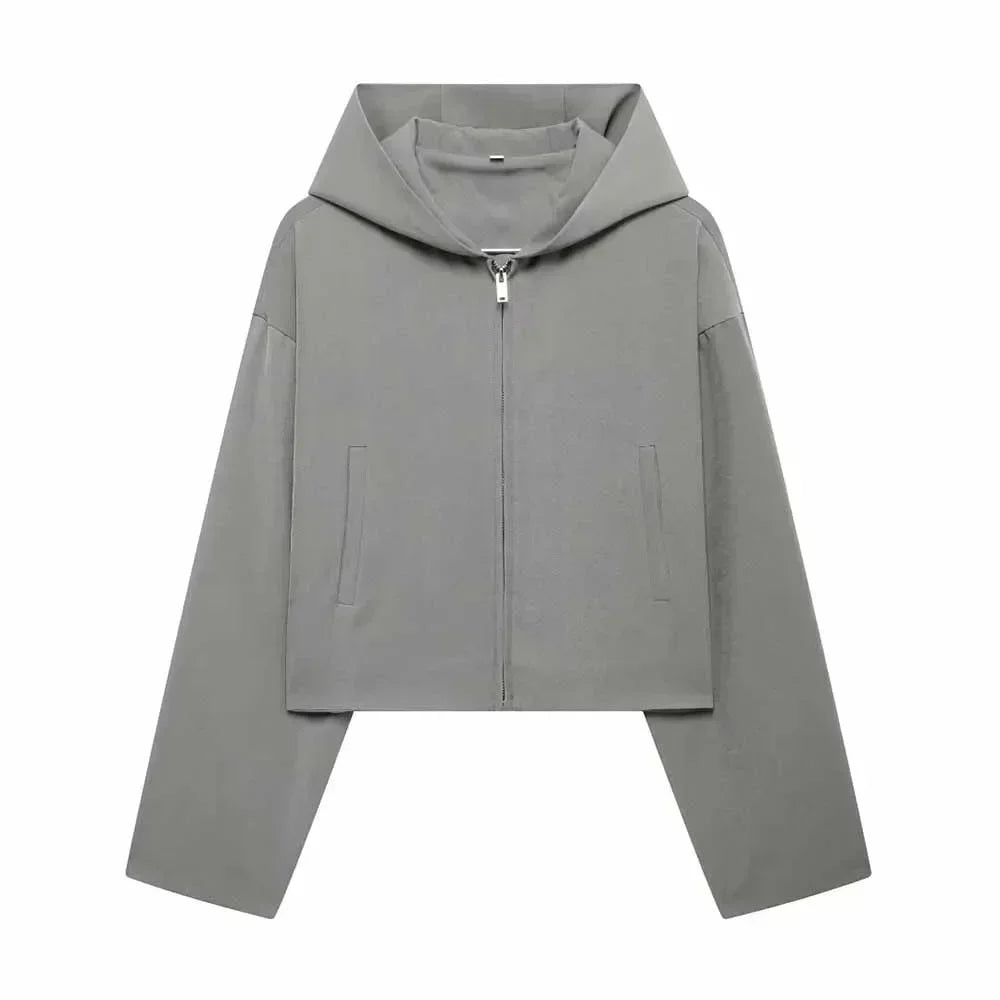 Women's 2024 new fashion loose side pocket casual short hooded jacket coat retro long sleeved zipper women's coat chic top