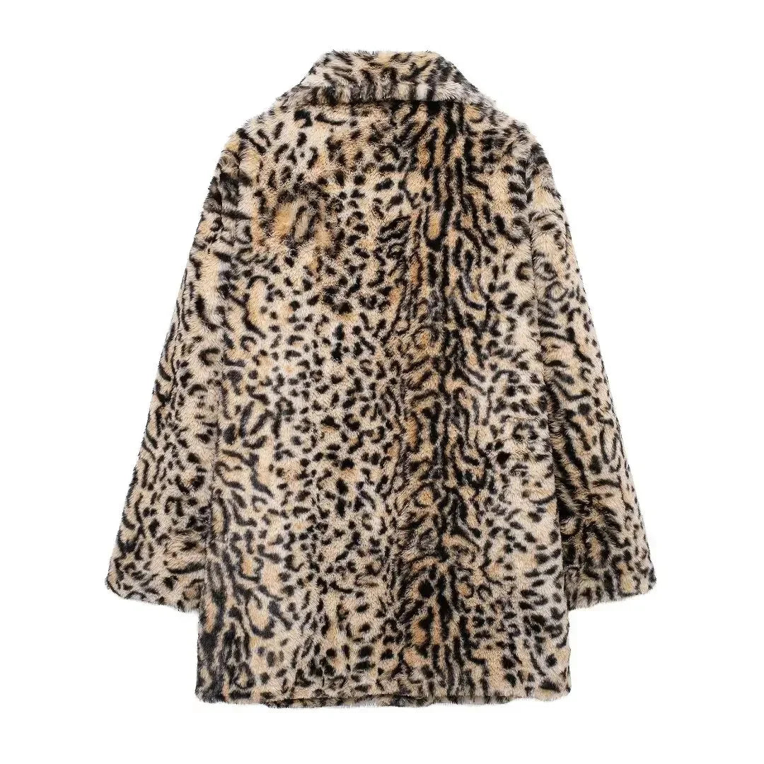 Women's winter new fashion faux fur effect loose warm printed striped lapel coat retro long sleeved pocket women's coat chic top