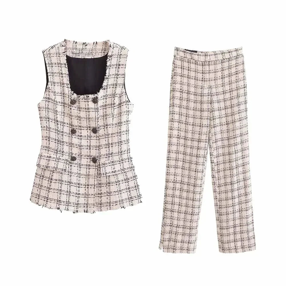 Women's new fashion flap decoration slim double breasted checkered vest coat retro square neck sleeveless women's vest chic top