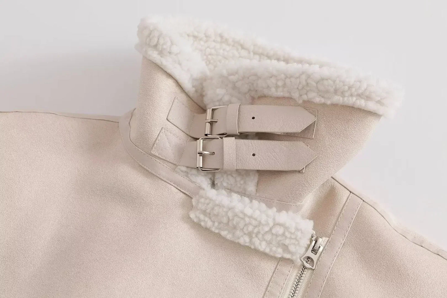 Women's new fashion zipper pocket decoration thick warm Fur Faux Leather jacket Coat retro long sleeved women's jacket chic top