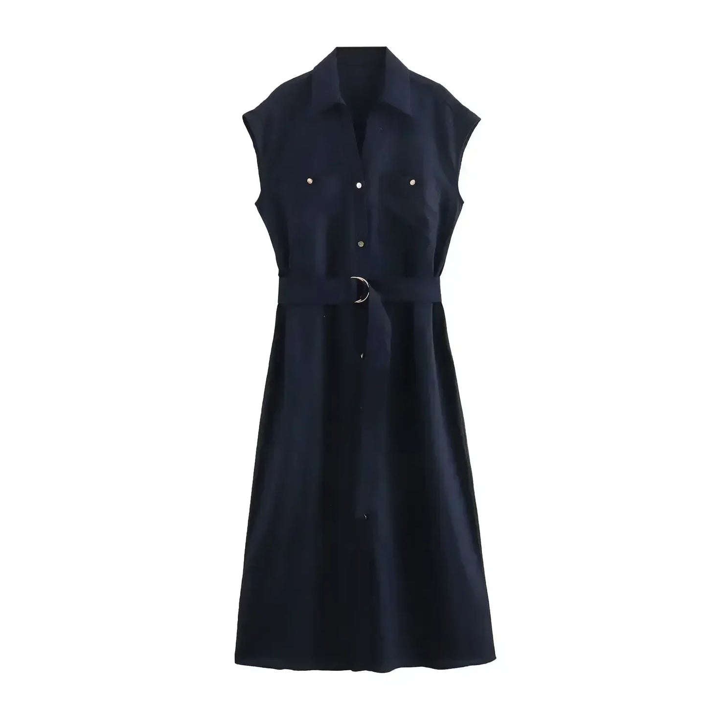 Women's new Fashion belt decoration casual single breasted linen blend midi dress retro sleeveless pocket women's dress Mujer