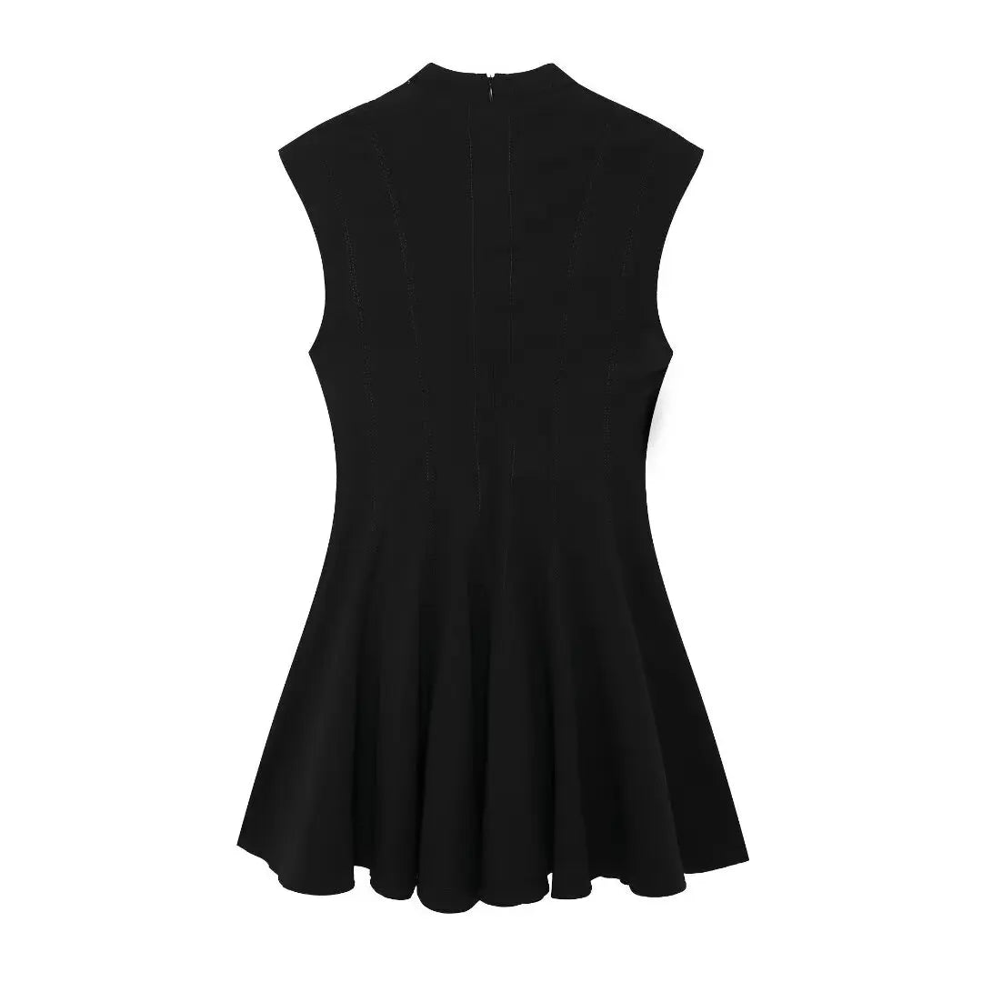 Women's new fashion wide pleated hem slim versatile stand collar mini dress retro sleeveless back zipper women's dress Mujer