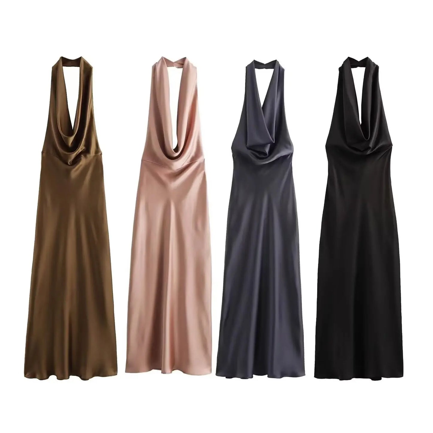 Women's new Chic fashion pleated decoration slim satin texture hanging neck MIDI dress retro sleeveless backless women's dress 