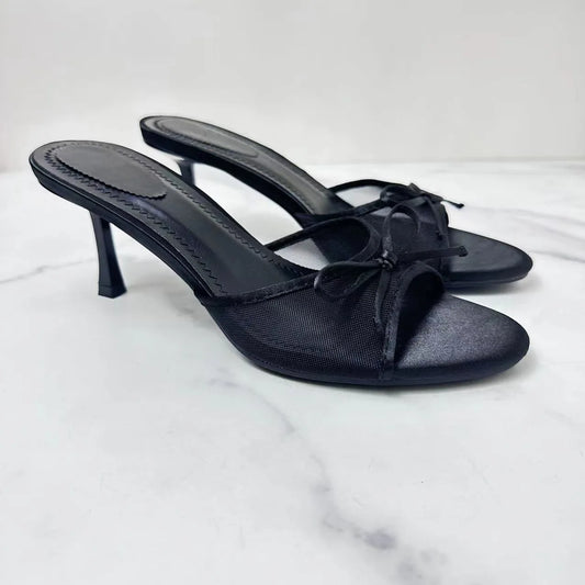 Women's Spring 2024 New Women's Shoes Bow Decorated With Mesh Fabric High-heeled Sandals Women.