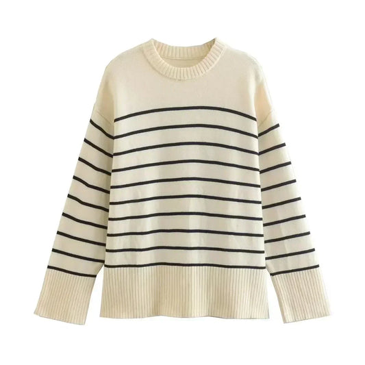 Women 2023 Autumn Fashion Casual stripe Knitted Sweater Vintage O Neck Long Sleeve Female Pullovers Chic Tops