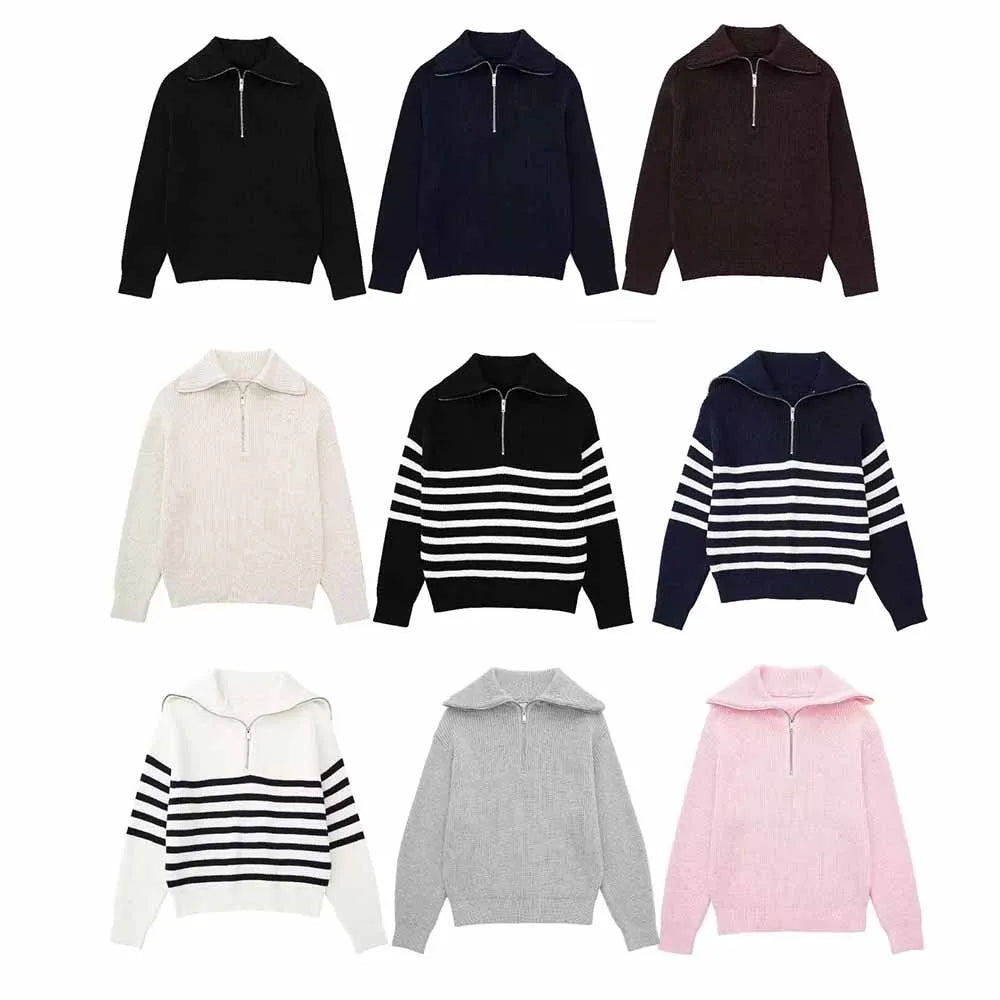 Women's New Fashion Zipper Decoration Casual Wool Blended Striped Knitted Sweater Retro Long Sleeve Women's Pullovers Chic Top