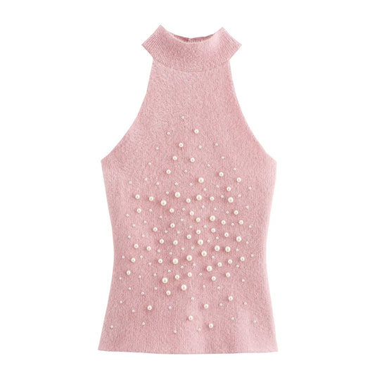 Women's new fashion faux fur pearl decoration elastic slim hanging neck top retro sleeveless women's vest chic top