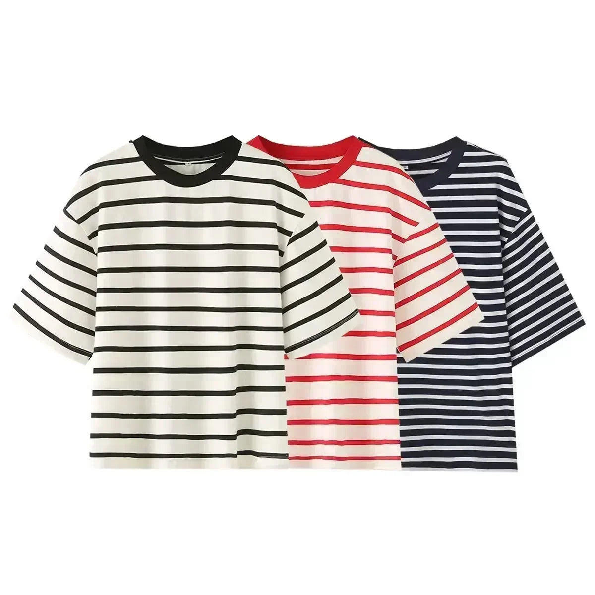 Women's New Fashion Hem Split Design Casual T-shirt Loose Stripe O Neck Tshirt Retro Short sleeved Women's Tee Shirt Tops