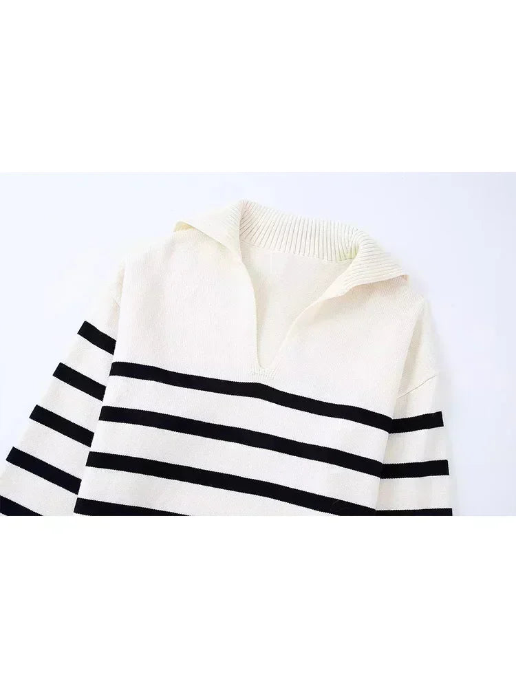 Women 2022 Autumn New Leisure Fashion Striped Knitted Sweater Vintage Lapel Long Sleeve Female Pullovers Chic Tops